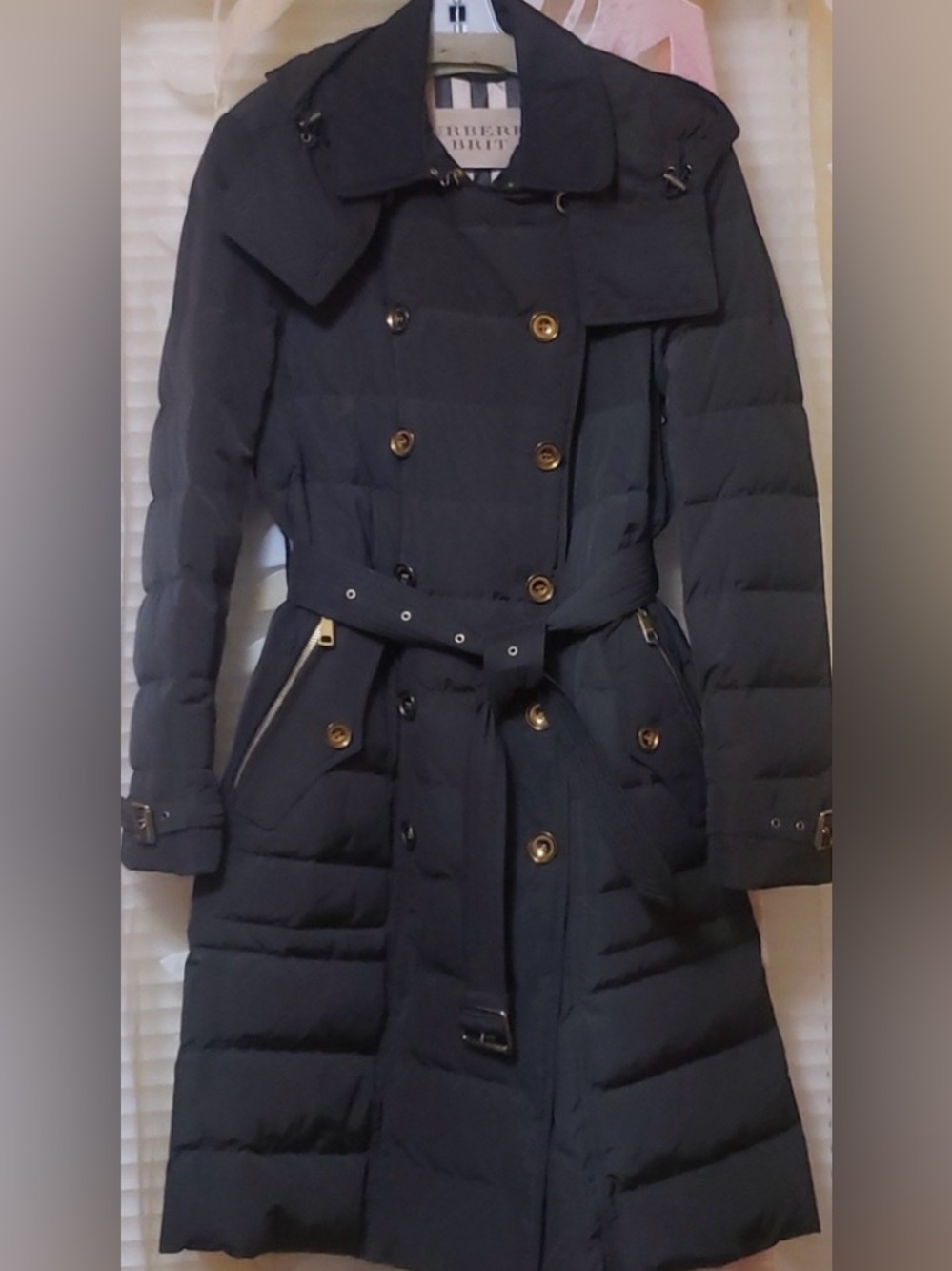 Burberry Black Quilted Puffer Trench Coat with Belt